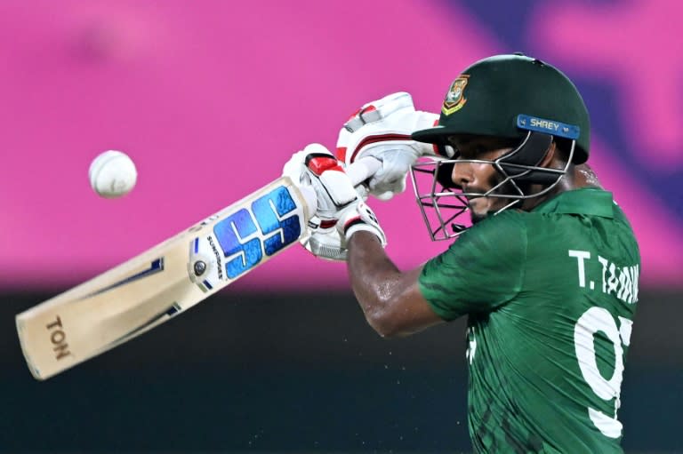 Top scorer: Bangladesh's Tanzid Hasan plays a shot during Friday's warm-up match against Sri Lanka (Biju BORO)