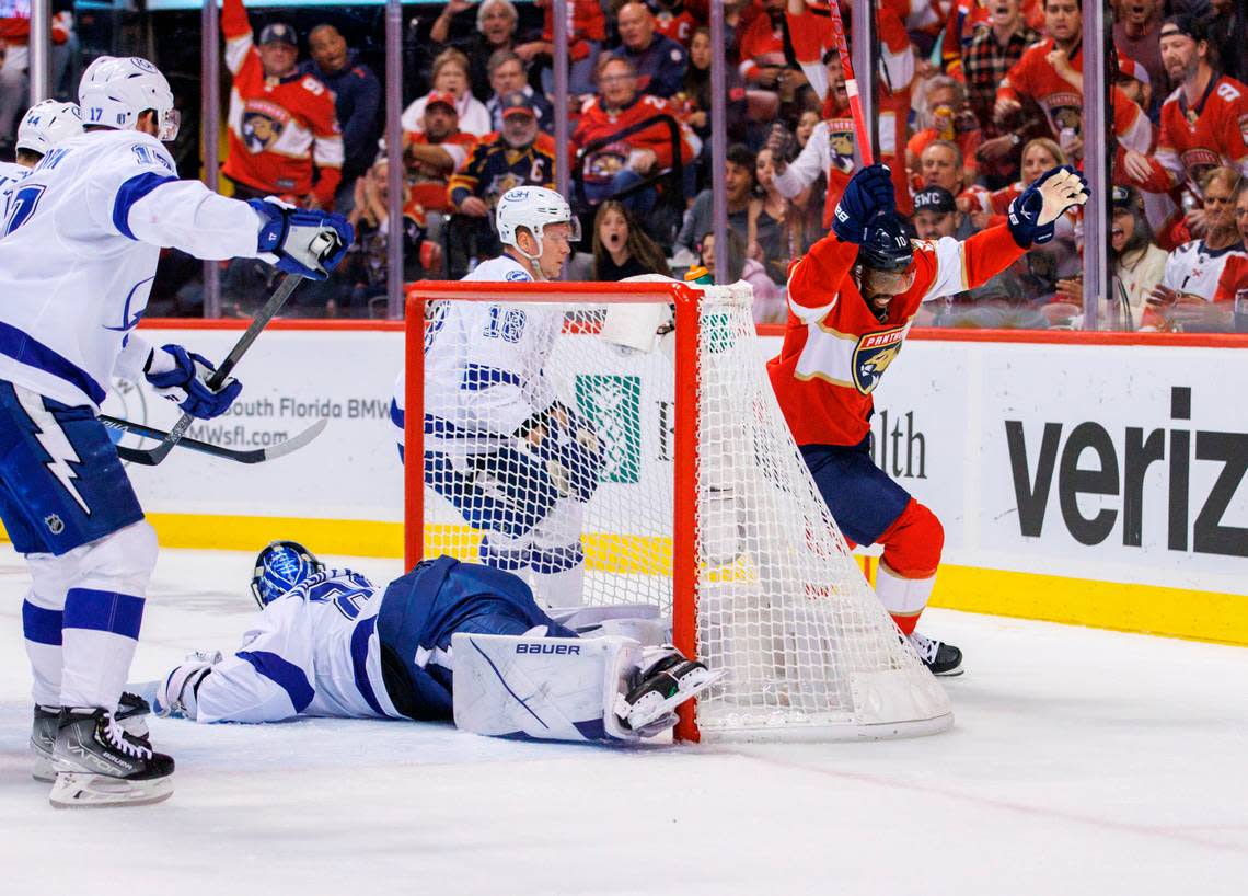 Florida Panthers left wing Anthony Duclair (10) celebrates after scoring a goal against Tampa Bay Lightning goaltender Andrei Vasilevskiy (88) during the first period of Game 1 of a second round NHL Stanley Cup series at FLA Live Arena on Tuesday, May 17, 2022 in Sunrise, Fl.