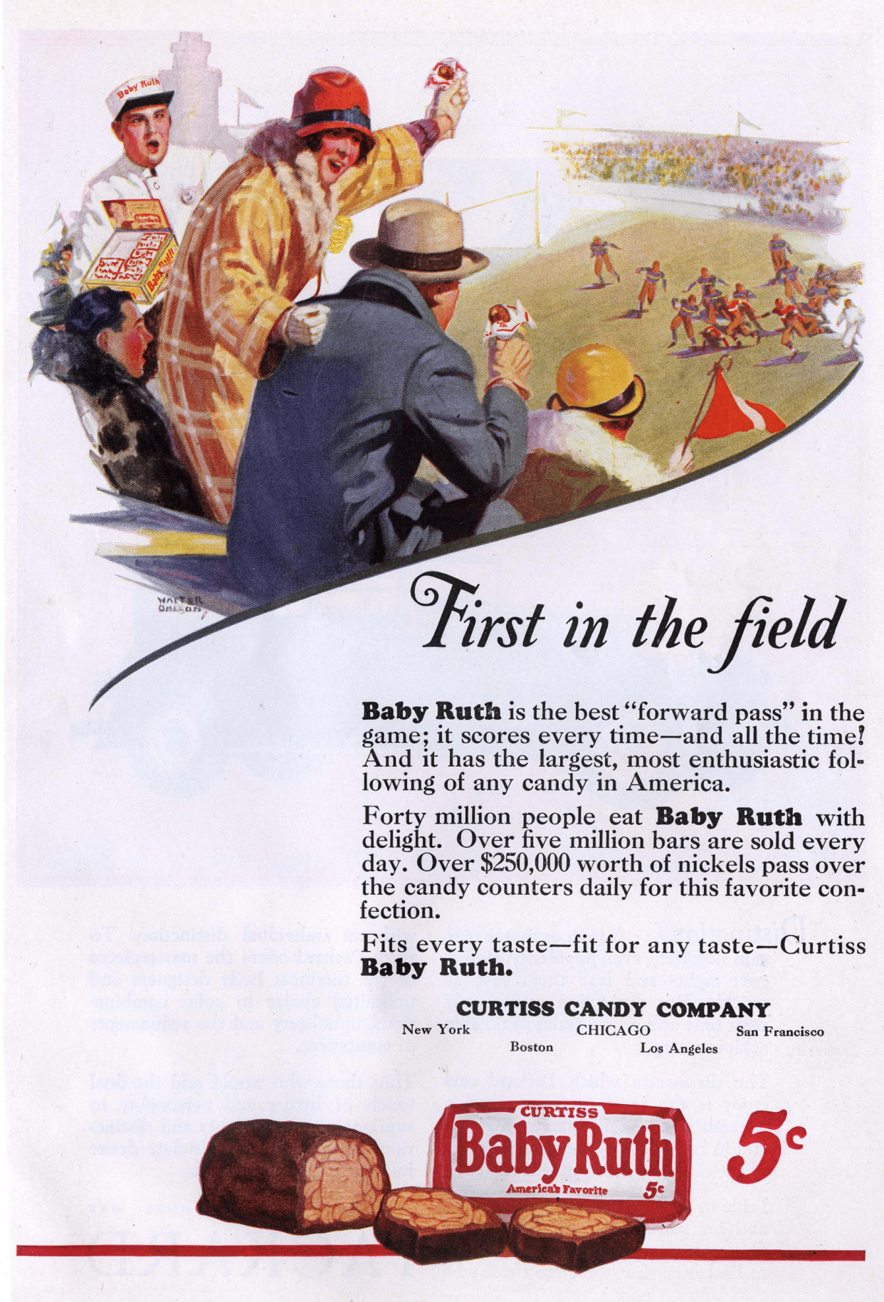 Curtis Candy Company's Baby Ruth candy bar ad, a couple sitting in the bleachers enjoying a college football game, half page of wording describing the candy bar on a white background, 1927