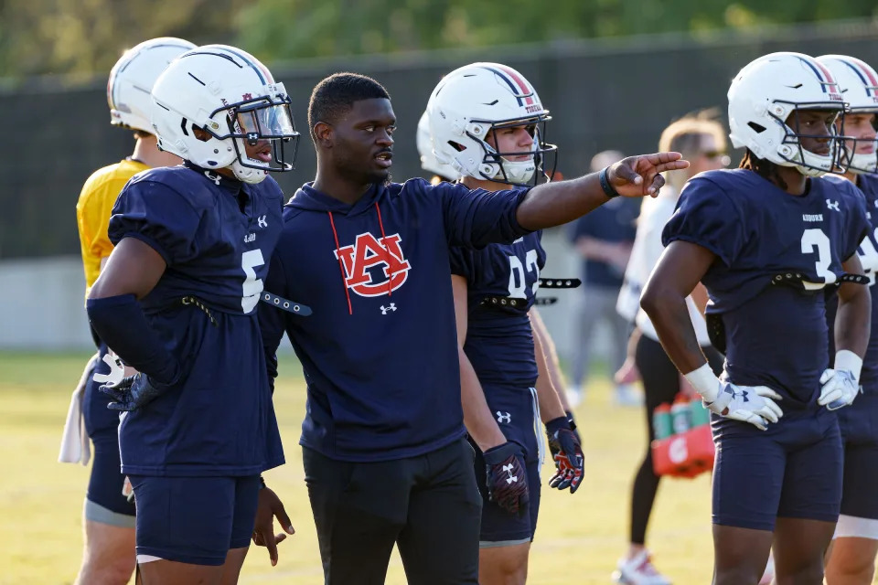 Auburn football wide receivers coach Marcus Davis during spring practice at the Woltosz Football Performance Center on March 22, 2023.