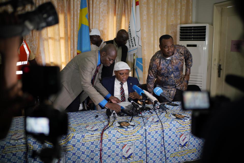 UDPS general secretary Jean-Marc Kabund holds a press briefing at party headquarters in Kinshasa, Congo, Tuesday Jan. 8, 2019, to participate in a general boxing and martial arts competition. As Congo anxiously awaits the outcome of the presidential election, many in the capital say they are convinced that the opposition won and that the delay in announcing results is allowing manipulation in favor of the ruling party. (AP Photo/Jerome Delay)