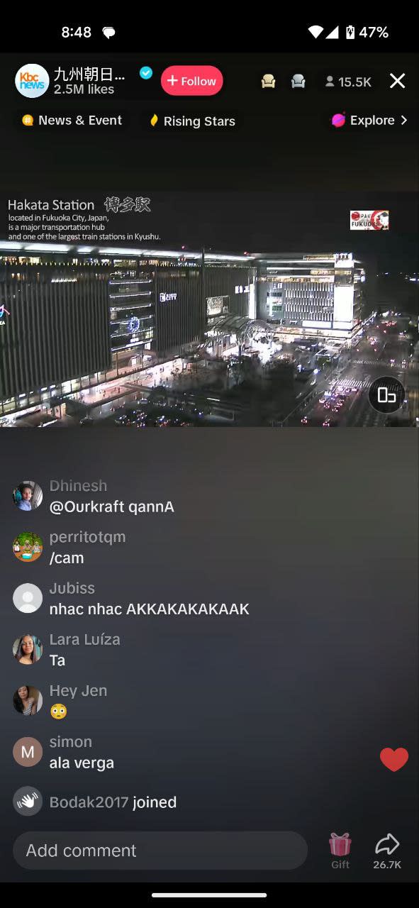 A TikTok livestream from Hakata Station in Fukuoka, Japan.