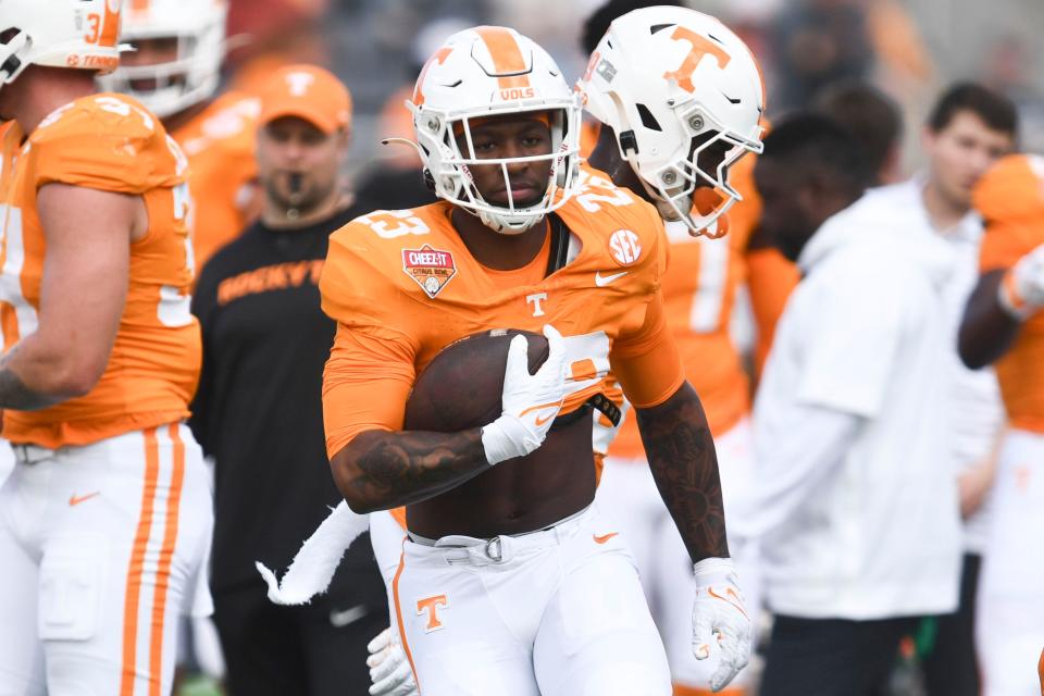 Tennessee running back Cameron Seldon (23) warming up for the Citrus Bowl NCAA College football game on Monday, January 1, 2024 in Orlando, Fla.