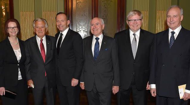 Former prime ministers Tony Abbott, Julia Gillard, Bob Hawke, John Howard, Kevin Rudd and Paul Keating  at an event in 2014. Source: Supplied.