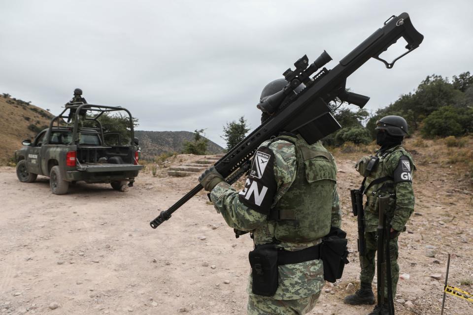 Members of the National Guard patrol the Sonora mountain range in the municipality of Bavispe, Sonora state, Mexico.