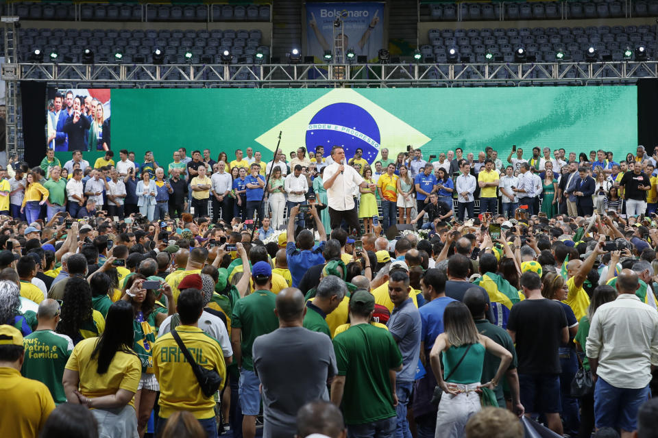 Brazil's President Jair Bolsonaro speaks during a rally to launch his reelection bid, in Rio de Janeiro, Brazil, Sunday, July 24, 2022. Brazil's general elections are scheduled for Oct. 2, 2022. (AP Photo/Bruna Prado)