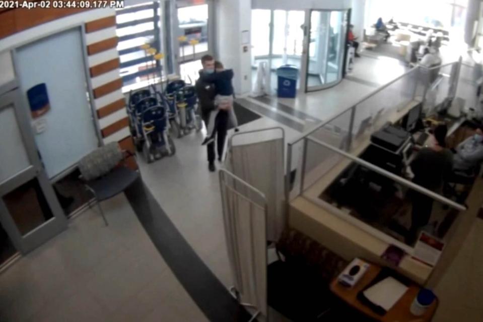 Hospital security footage shows Christopher Gregor carrying his 6-year-old son’s limp, barely breathing body into Southern Ocean Medical Center on April 2, 2021, an hour before he died. Court TV
