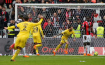 Soccer Football - Ligue 1 - OGC Nice vs Paris St Germain - Allianz Riviera, Nice, France - March 18, 2018 Paris Saint-Germain’s Dani Alves celebrates scoring their second goal REUTERS/Jean-Paul Pelissier