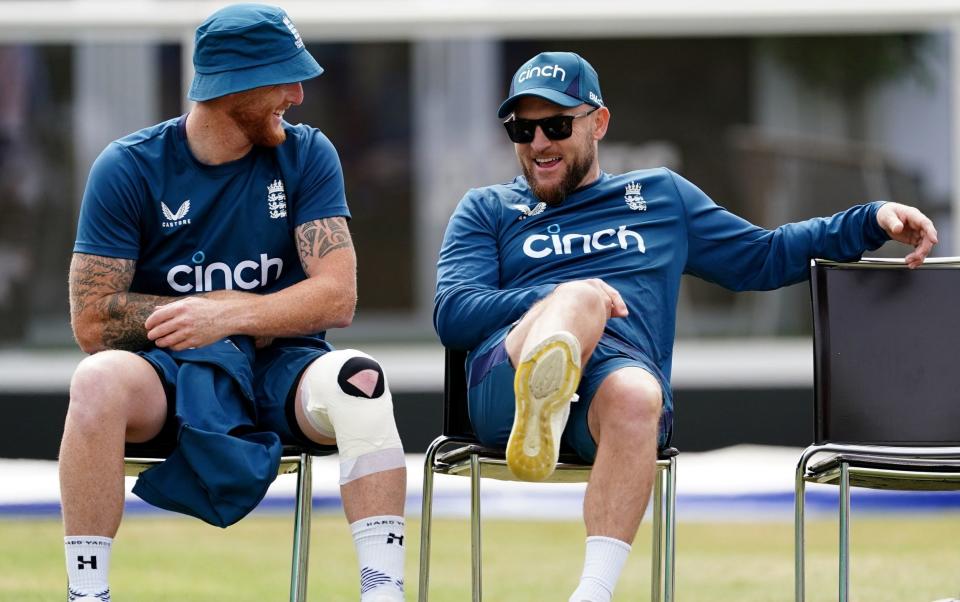 England&#39;s Ben Stokes and head coach Brendon McCullum during a nets session at Lord&#39;s last month