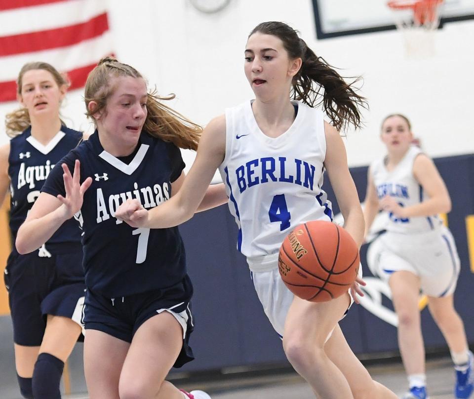 Berlin Brothersvalley's Leah Miller tries to drive past Aquinas Academy's Emily Fisher during a PIAA Class 1A second round girls basketball playoff game, March 15, in North Huntingdon.