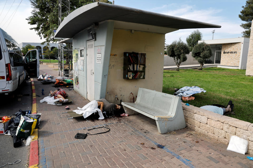 The bodies of people, some of them elderly, killed during an attack by Hamas gunmen from the Gaza Strip, in Sderot, southern Israel