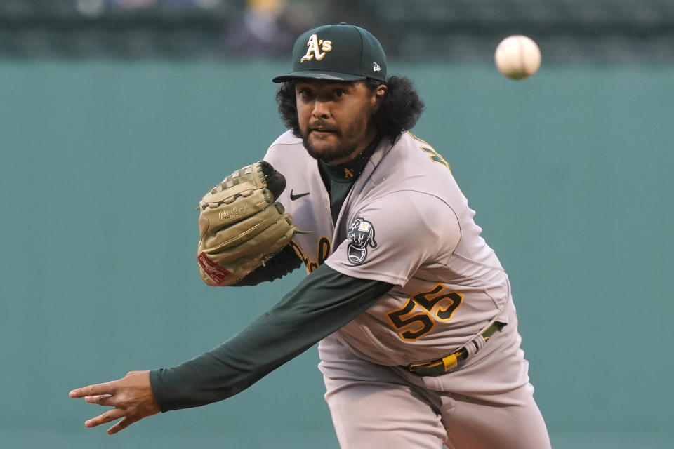 Oakland Athletics' Sean Manaea delivers a pitch against the Boston Red Sox in the first inning of a baseball game, Thursday, May 13, 2021, in Boston. (AP Photo/Steven Senne)