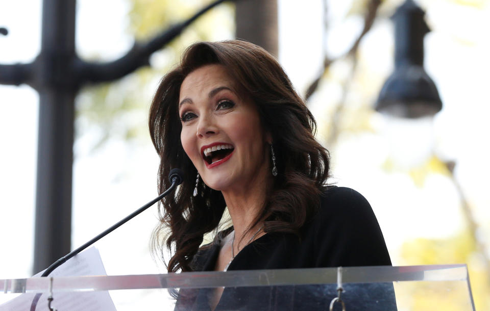 Actor Lynda Carter speaks before unveiling her star on the Hollywood Walk of Fame in Los Angeles, California, U.S., April 3, 2018. REUTERS/Mario Anzuoni