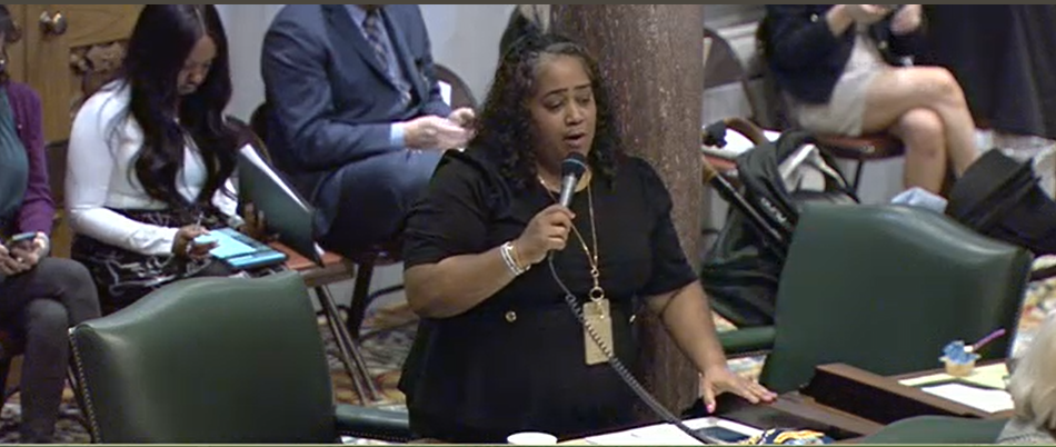 Sen. Raumesh Akbari, D-Memphis, speaks during a Senate floor session at the Tennessee Capitol in Nashville, Tenn., on Thursday, March 21, 2024.