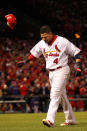 ST LOUIS, MO - OCTOBER 27: Yadier Molina #4 of the St. Louis Cardinals reacts after grounding out to end the ninth inning during Game Six of the MLB World Series against the Texas Rangers at Busch Stadium on October 27, 2011 in St Louis, Missouri. (Photo by Jamie Squire/Getty Images)
