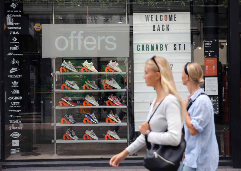 A shop display a Welcome Back message on its window to customers at Carnaby street, as London prepare to reopen to the public when the lifting of further lockdown restrictions in England comes into effect on Saturday. Picture date: Friday July 3, 2020.