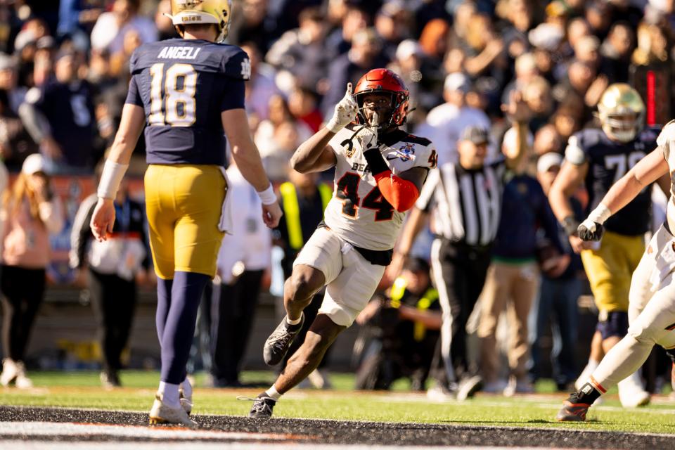 Oregon State Beavers linebacker Melvin Jordan IV (44) celebrates after getting a sack against the Notre Dame offense in the first half at Sun Bowl Stadium Dec. 29, 2023, in El Paso, Texas.