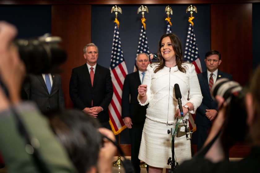 WASHINGTON, DC - MAY 14: Rep. Elise Stefanik (R-NY) speaks during a news conference after the GOP Conference Chair election on Capitol Hill on Friday, May 14, 2021 in Washington, DC. House Republicans formally selected Rep. Elise Stefanik (R-NY) Friday to replace Rep. Liz Cheney (R-WY). (Kent Nishimura / Los Angeles Times)