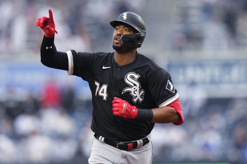 Chicago White Sox's Eloy Jimenez gestures as he runs the bases after hitting a two-run home run against the New York Yankees during the seventh inning in the first baseball game of a doubleheader Thursday, June 8, 2023, in New York. (AP Photo/Frank Franklin II)