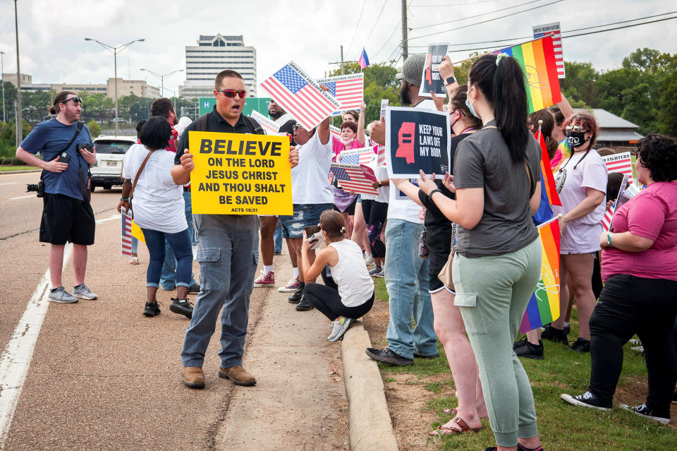 Protesters and supporters of reproductive choice argue at the Abortion Freedom Fighters Rally, in Jackson, Miss., Oct. 2, 2021. (Rory Doyle / Reuters file)