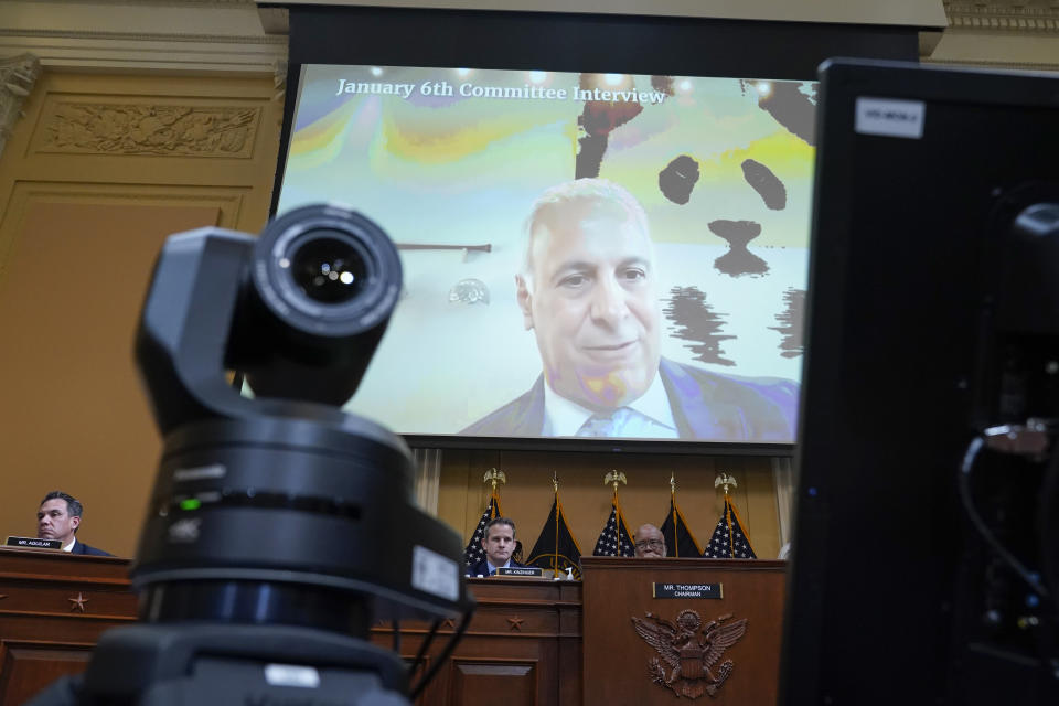 A committee exhibit showing Eric Herschmann, former Trump White House adviser, as the House select committee investigating the Jan. 6 attack on the U.S. Capitol continues to reveal its findings of a year-long investigation, at the Capitol in Washington, Thursday, June 23, 2022. (AP Photo/Jacquelyn Martin)