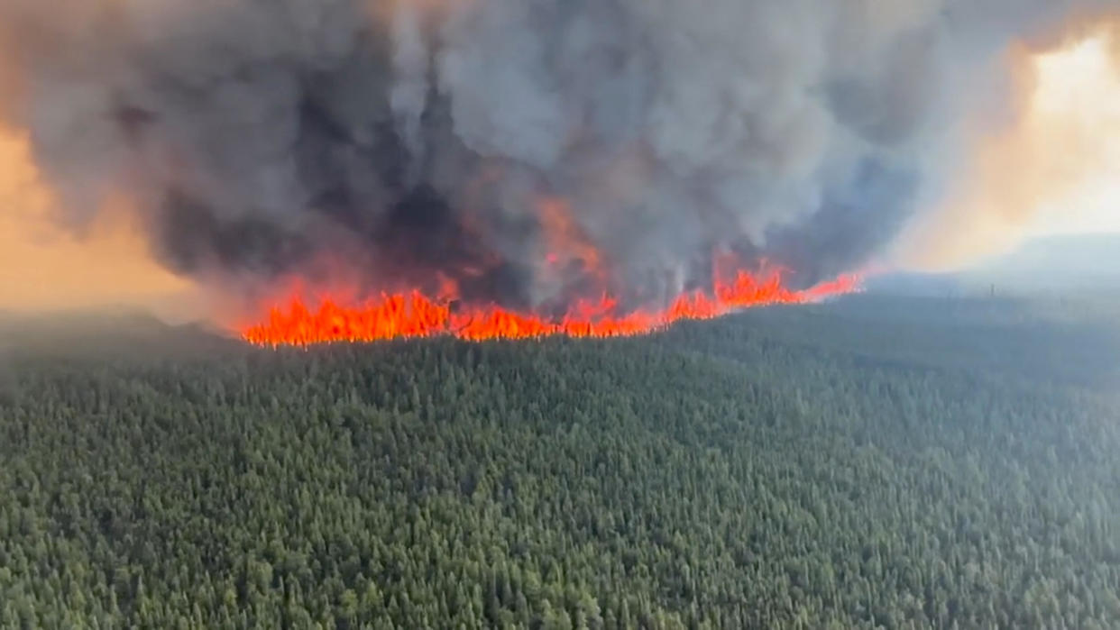 Smoke rises from a wildfire in Tumbler Ridge, British Columbia, Canada, in this screen grab taken from a video, June 8, 2023.   / Credit: BC Wildlife Service/Handout via REUTERS