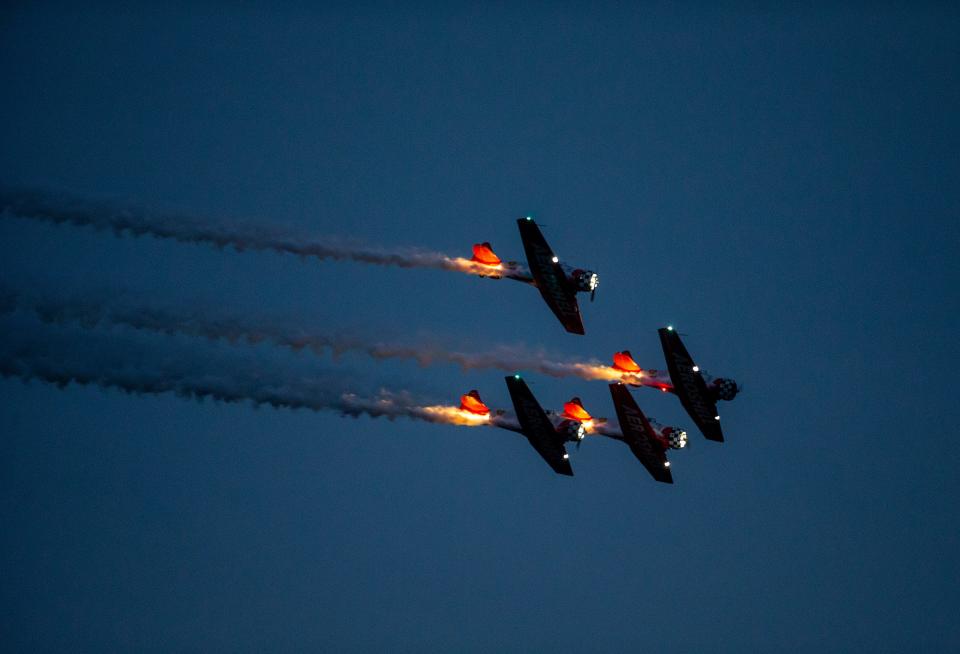 The Wednesday night airshow at the Sun 'n Fun Aerospace Expo at Lakeland Linder International Airport in 2023. This year, the expo has added fireworks to the Wednesday night show.