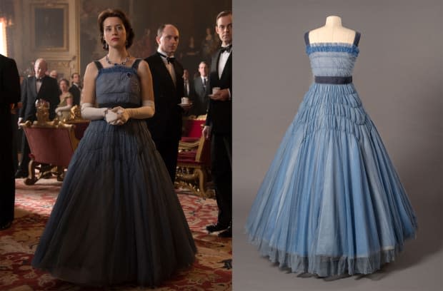Left: Queen Elizabeth II (Claire Foy) in season two of 'The Crown. Photo: Alex Bailey / Netflix; Right: dress by Jane Petrie in the preparation process for 'Costuming the Crown.' Photo: <em>Jim Schneck;</em> Courtesy of Winterthur
