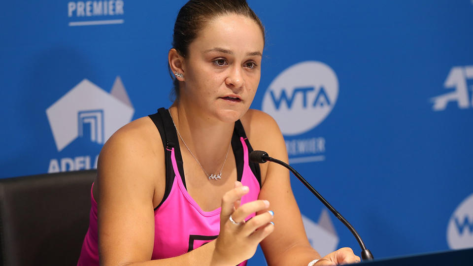 Ash Barty, pictured here addressing the media at the Adelaide International.