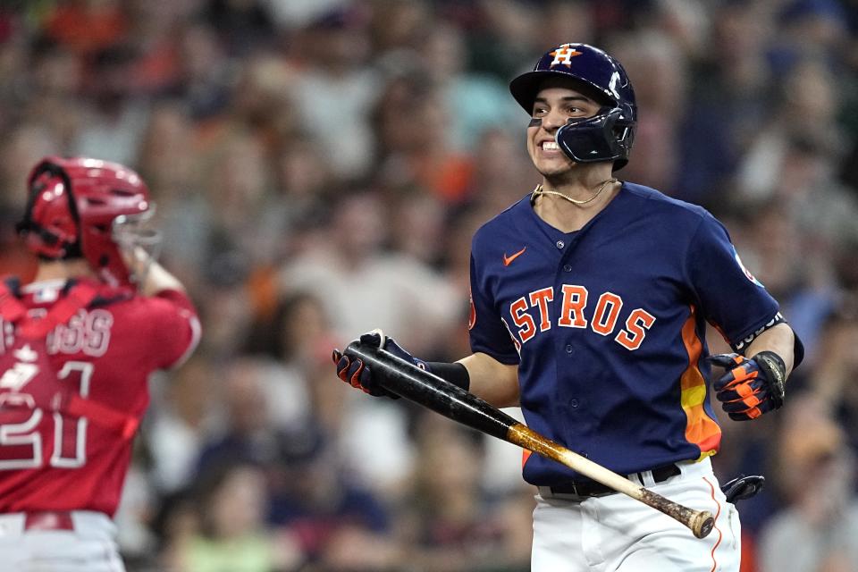 Houston Astros' Mauricio Dubon reacts after striking out to end the seventh inning of a baseball game against the Los Angeles Angels Sunday, June 4, 2023, in Houston. (AP Photo/David J. Phillip)
