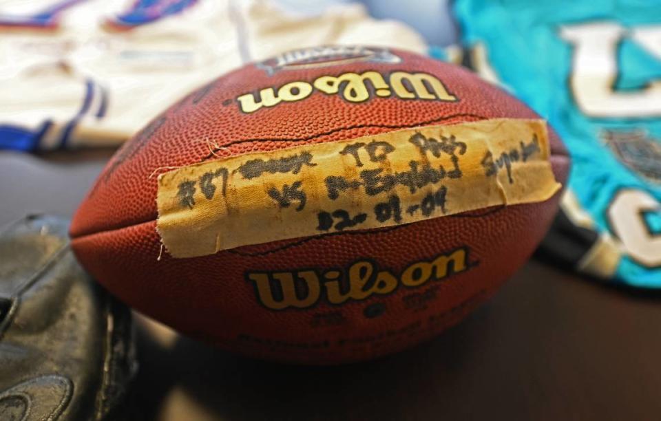 Former Carolina Panthers wide receiver Muhsin Muhammad has kept the ball he caught for an 85-yard touchdown pass reception from the 2004 Super Bowl. The ball features the original tape that was placed on the ball by the team’s equipment manager.