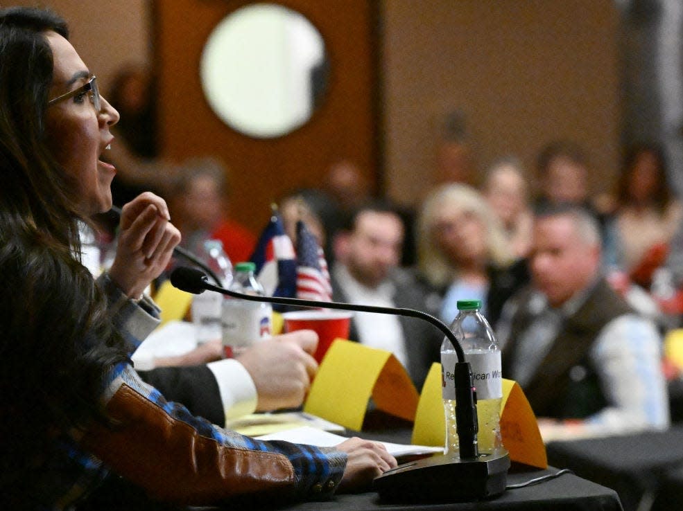 Lauren Boebert speaks at a debate in Colorado