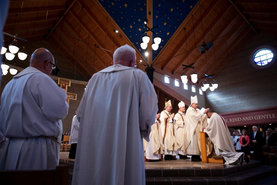 The Rev. William M. Joensen is ordained as the 10th Bishop of the Dioceses of Des Moines by his predecessor, Bishop Richard Pates, at St. Francis of Assisi Catholic Church in West Des Moines. Joensen was selected to replace the retiring Bishop Pates.