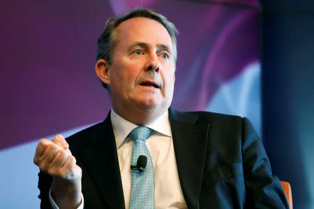 Britain's Secretary of State for International Trade Liam Fox speaks at an event hosted by Thomson Reuters in Manhattan, New York, U.S., March 16, 2018. REUTERS/Shannon Stapleton