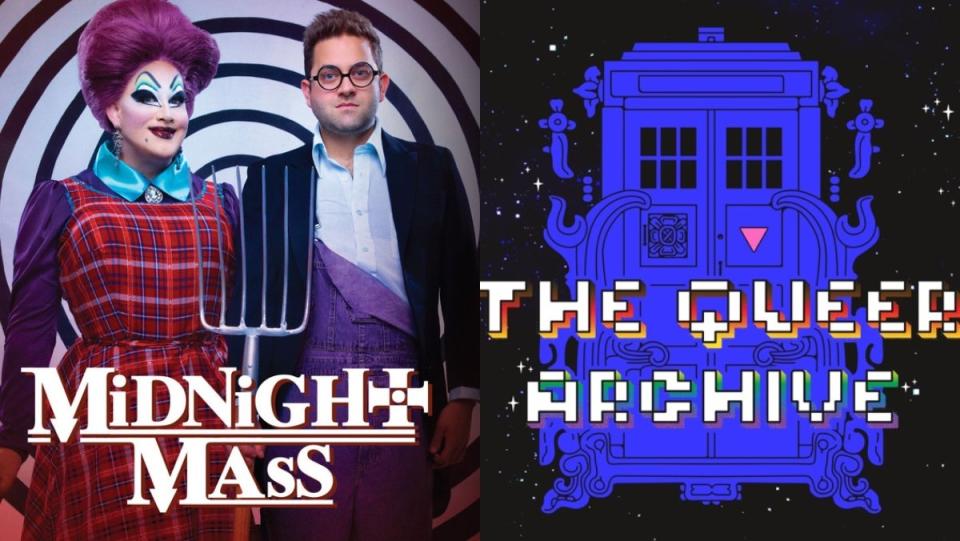 split image of Midnight Mass and The Queer archive podcast logos LGBTQ+