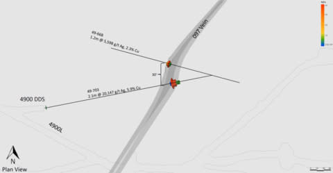 Figure 1: Intercept from Hole 49-703 and proximity to Hole 49-668 (Photo: Americas Gold and Silver Corporation)