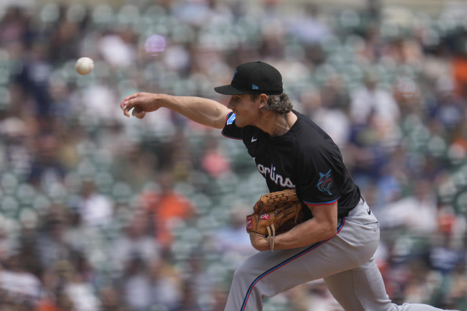 Miami Marlins pitcher Declan Cronin (51) throws against the Detroit Tigers in the sixth inning of a baseball game, Wednesday, May 15, 2024, in Detroit. (AP Photo/Paul Sancya)