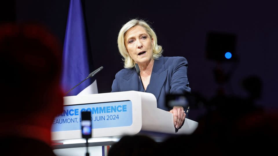 Marine Le Pen gives a speech as results come in for the first round of the French parliamentary elections in Henin-Beaumont, northern France, on June 30, 2024. - Francois Lo Presti/AFP/Getty Images