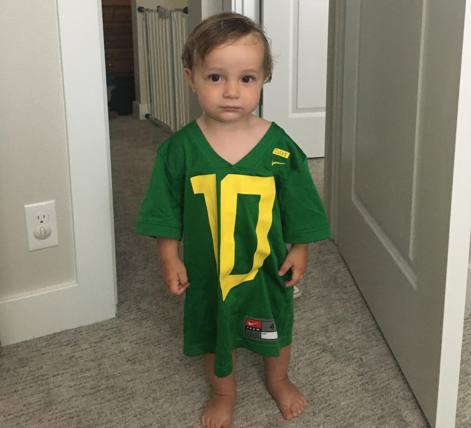 A Eugene couple, Ian and Stephanie Peterson, named their son Herbert after the star Oregon QB and due to their ties with the family. (Credit: Peterson family)