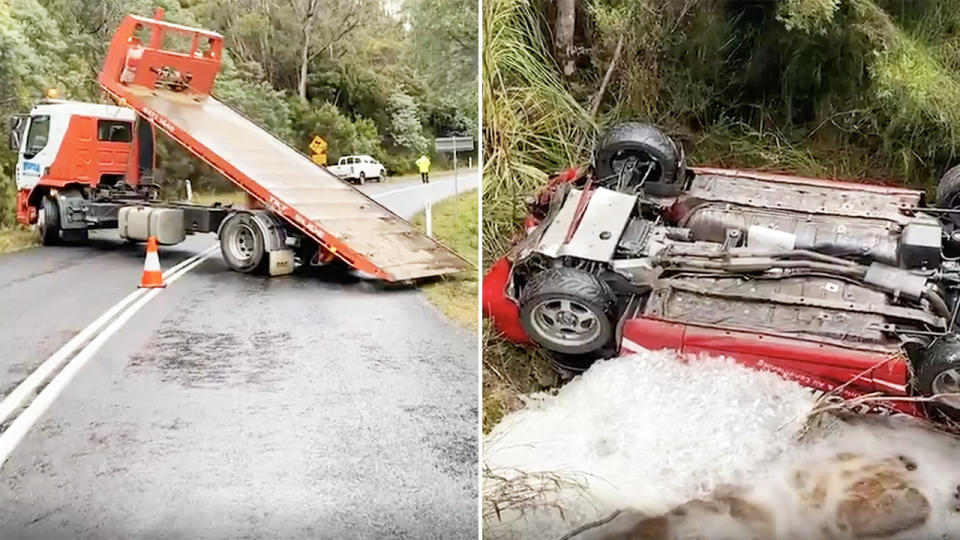 Shane Navin's car, pictured here after his fatal crash in the Targa Tasmania.