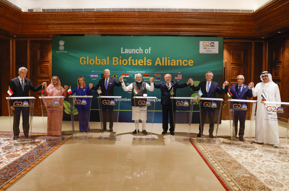 From left, Singapore Prime Minister Lee Hsien Loong, Bangladesh Prime Minister Sheikh Hasina, Italian Prime Minister Giorgia Meloni, U.S. President Joe Biden, Indian Prime Minister Narendra Modi, Brazilian President Luiz Inacio Lula da Silva, President of Argentina Alberto Fernandez, Mauritius Prime Minister Pravind Kumar Jugnauth and Foreign Minister of United Arab Emirates Sheikh Abdullah bin Zayed Al Nahyan attend the launch of the Global Biofuels Alliance at the G20 summit in New Delhi, India, Saturday, Sept. 9, 2023. (AP Photo/Evelyn Hockstein, Pool)