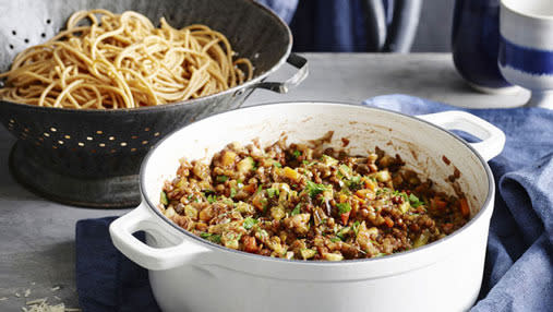 Supercharge your spaghetti bolognese with lentils and wholemeal pasta. It’s fibre fabulous! <br><br><a rel="nofollow" href="https://au.lifestyle.yahoo.com/better-homes-gardens/recipes/r/29458223/diabetic-living-vegetable-bolognese-recipe/" data-ylk="slk:RECIPE: Vegetable bolognese;elm:context_link;itc:0;sec:content-canvas" class="link ">RECIPE: Vegetable bolognese</a>