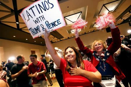 Terry Mendoza and Margery Simchak, attend a Republican Party event in Phoenix, Arizona, watch as Donald Trump gives his acceptance speech early November 9, 2016. REUTERS/Nancy Wiechec