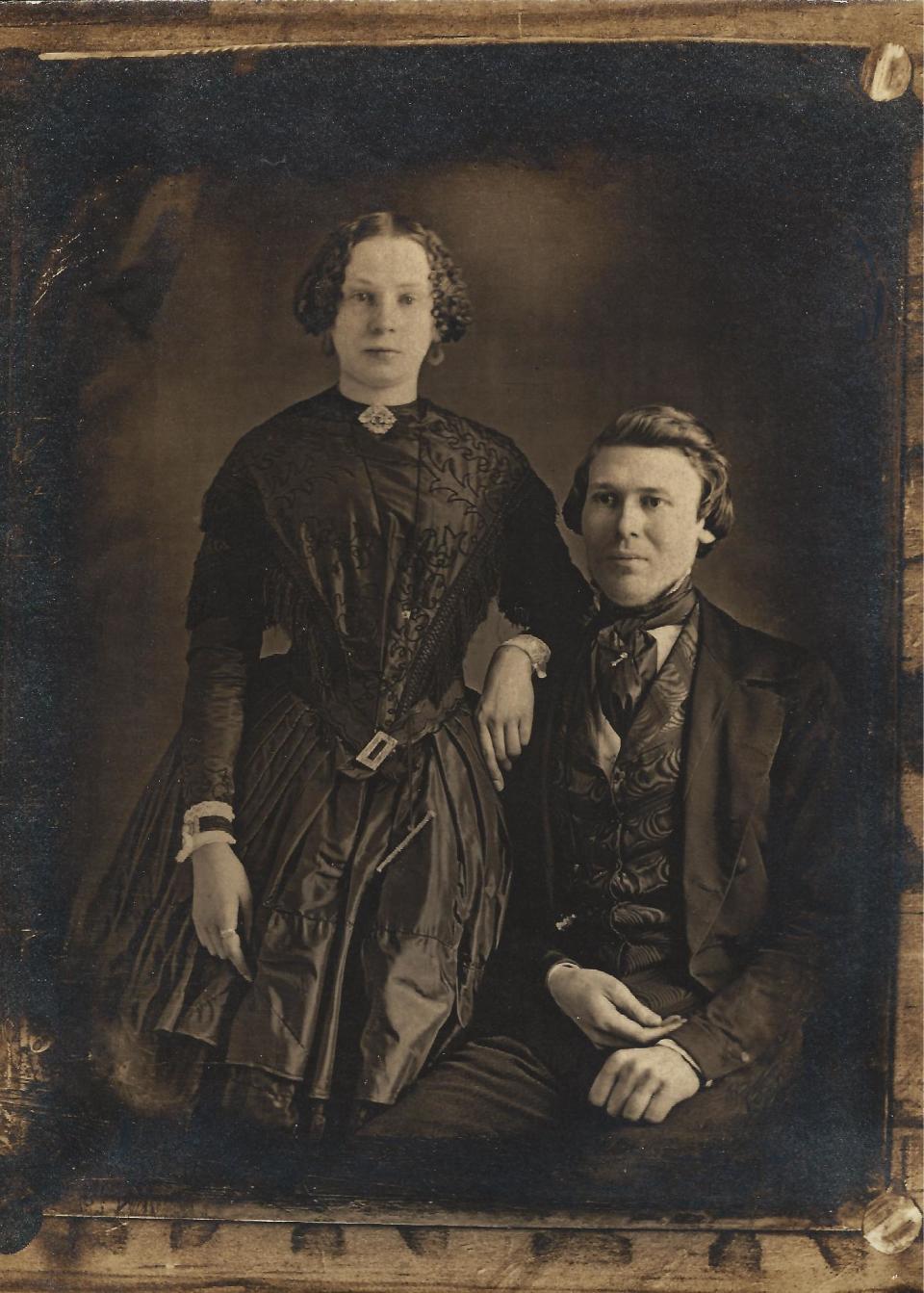 This circa 1856 photo provided by courtesy of Matt Alberts shows Lowell Gilmore at age 25 with his wife, Mary Eliza Gilmore, age 19, at a sitting in Albany, N.Y. During the past year Denver photographer Alberts learned the wet plate collodion process -- the same photographic process practiced by his ancestor, Lowell Gilmore, nearly 150 years ago. Wet plate collodion photography, invented in 1851, has experienced a resurge in recent years as photographers turn to this antiquated method for its moody, haunting images and complicated, hands-on process. (AP Photo/Courtesy Matt Alberts, Matt Alberts Photography)