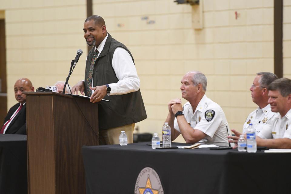 FILE - Richmond County Sheriff Richard Roundtree addresses the public during the Richmond County Sheriff's office town hall at Warren Road Community Center on Tuesday, July 11, 2023.