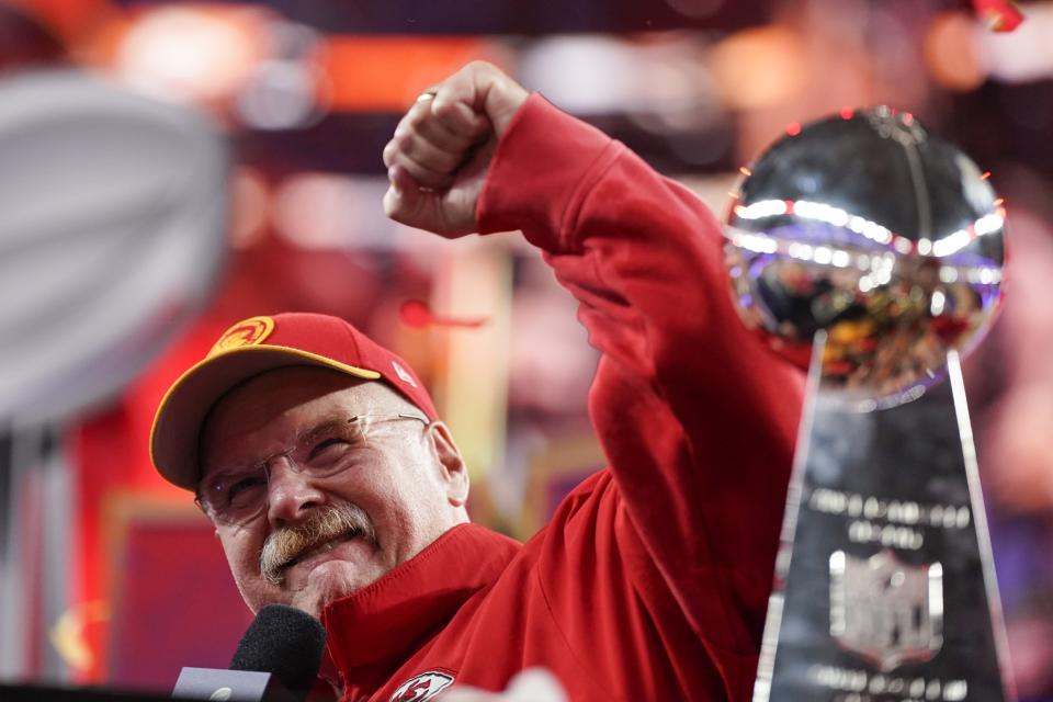 Kansas City Chiefs head coach Andy Reid celebrates after the NFL Super Bowl 58 football game against the San Francisco 49ers on Sunday, Feb. 11, 2024, in Las Vegas. The Chiefs won 25-22 against the 49ers. (AP Photo/Brynn Anderson)