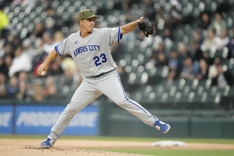 Kansas City Royals starting pitcher Zack Greinke winds up during the first inning of the team's baseball game against the Chicago White Sox on Friday, May 19, 2023, in Chicago. (AP Photo/Charles Rex Arbogast)