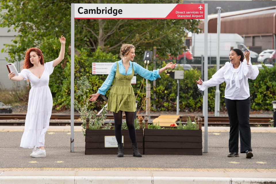 <p>Actors, Hayley Canham, Gaia Mondadori and Chakira Alin at Cambridge station to launch the 'EnterTrainment' campaign. Govia Thameslink Railway has teamed up with regional theatres across its network, offering customers who travel to the theatre by train the chance to claim discounts on performances in October and November. Issue date: Monday October 4, 2021.</p>
