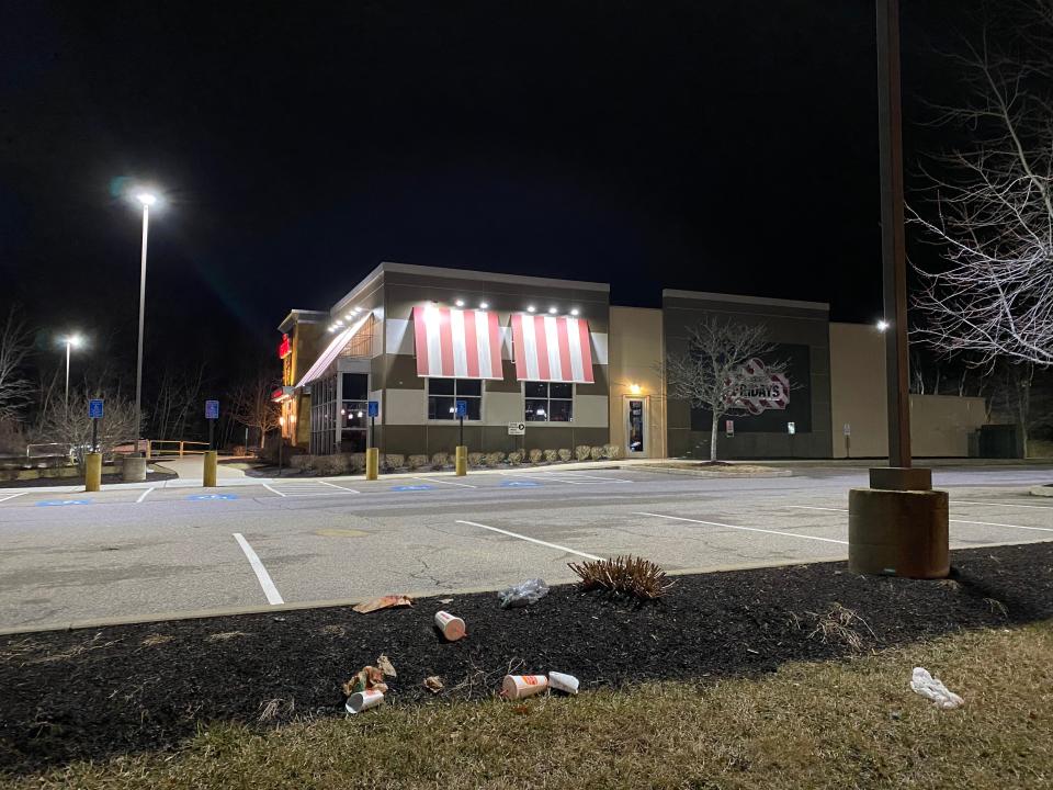 Fridays restaurant location in Taunton, 6 Mozzone Blvd., on Rt-140.  Despite the lights, the restaurant was closed for good, according to signage on the front doors. Photo taken Tuesday night, February 22, 2023.