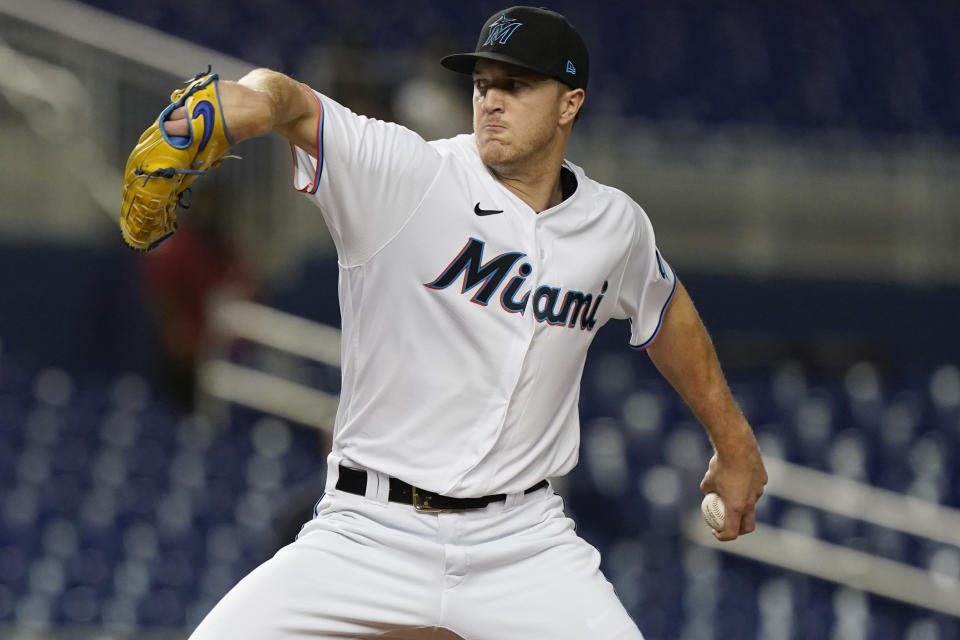 Miami Marlins' starting pitcher Trevor Rogers throws during the first inning of a baseball game against the Washington Nationals, Tuesday, Sept. 21, 2021, in Miami. (AP Photo/Marta Lavandier)